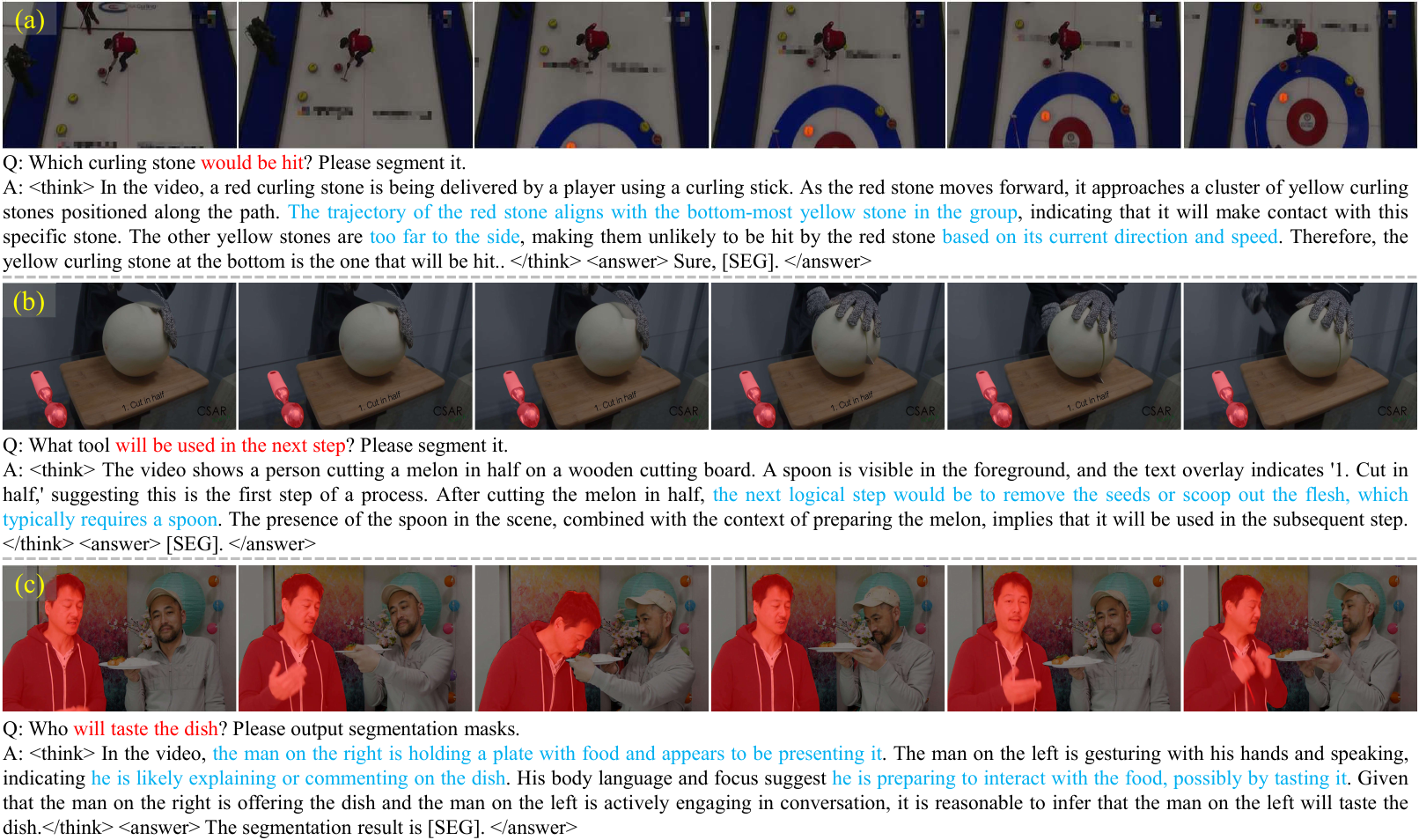 Representative FeVOS samples with foresight expressions and reasoning annotations.