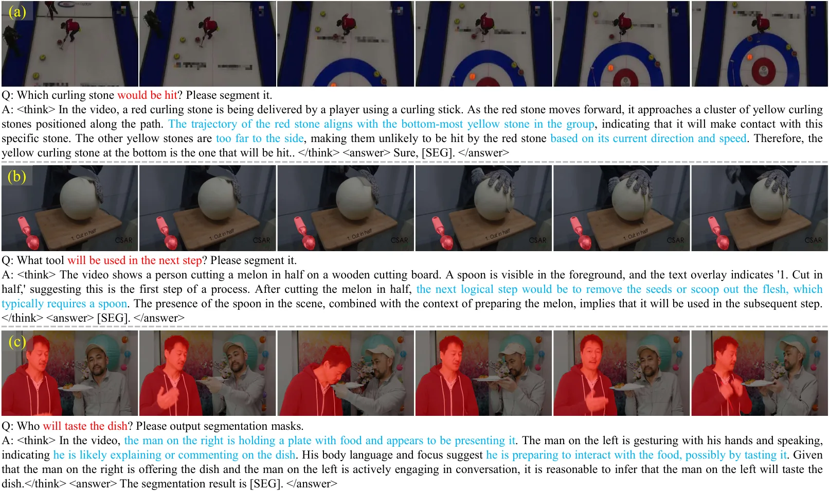 Representative FeVOS samples with foresight expressions and reasoning annotations.
